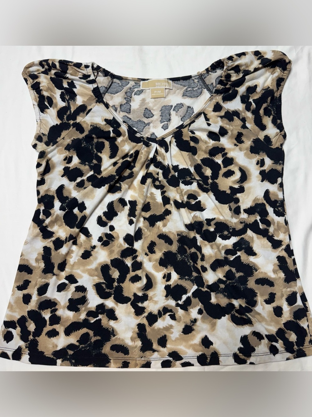 Michael Kors Black and Tan Leopard-Print V-Neck Tee